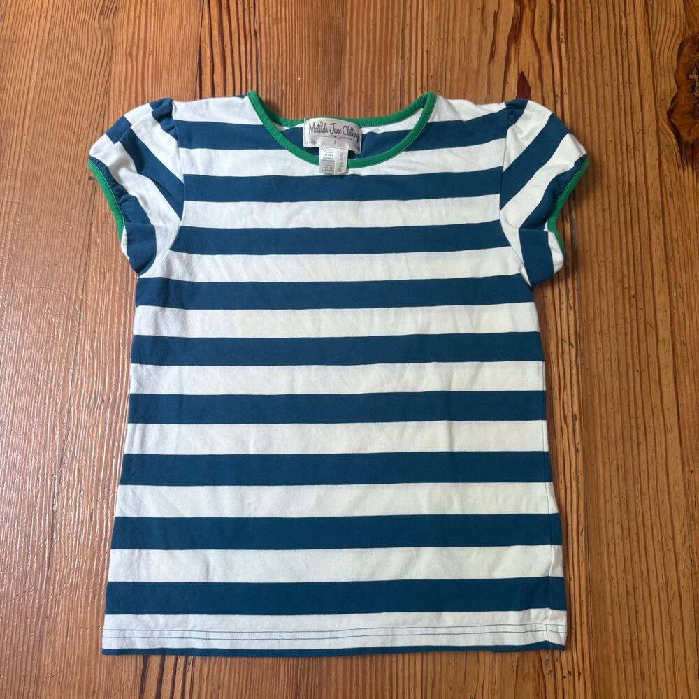 Matilda Jane blue white‎ striped green trim short sleeve girls shirts SIZE 8